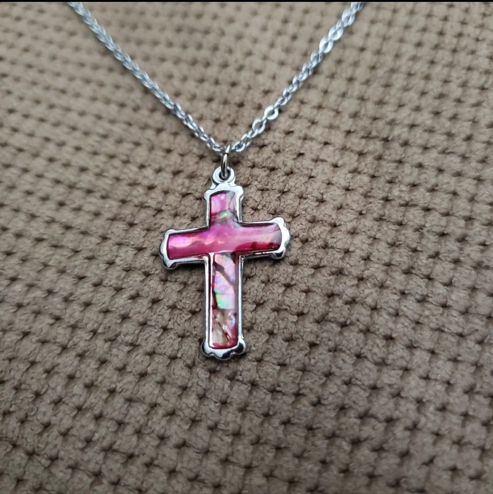 Cross Pendant Necklace Pink Mother Of Pearl Silver Tone